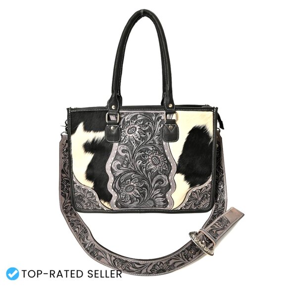 Genuine Leather Tote Bag Hand Tooled Western Cowhide Hair On Adjustable Strap